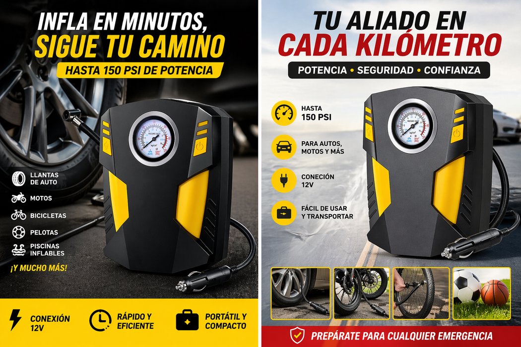 Compresor de Aire Portátil 150 PSI para Auto – Inflador Eléctrico 12V Multifunción