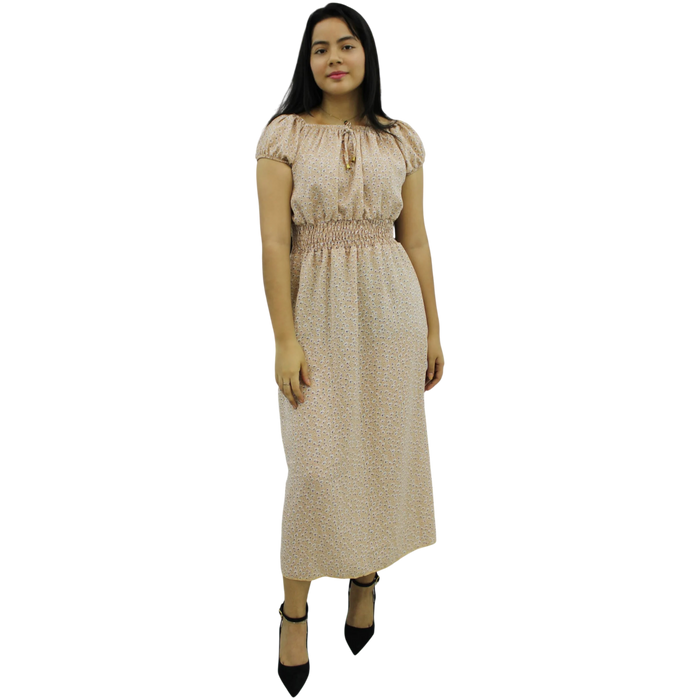 VESTIDO ARTESANAL NACIONAL BEIGE FLOREADO